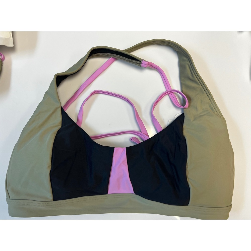 Prana Tulum Bikini Top Criss‎ Cross Tie Back Black Pink bikini Sz XL NWT